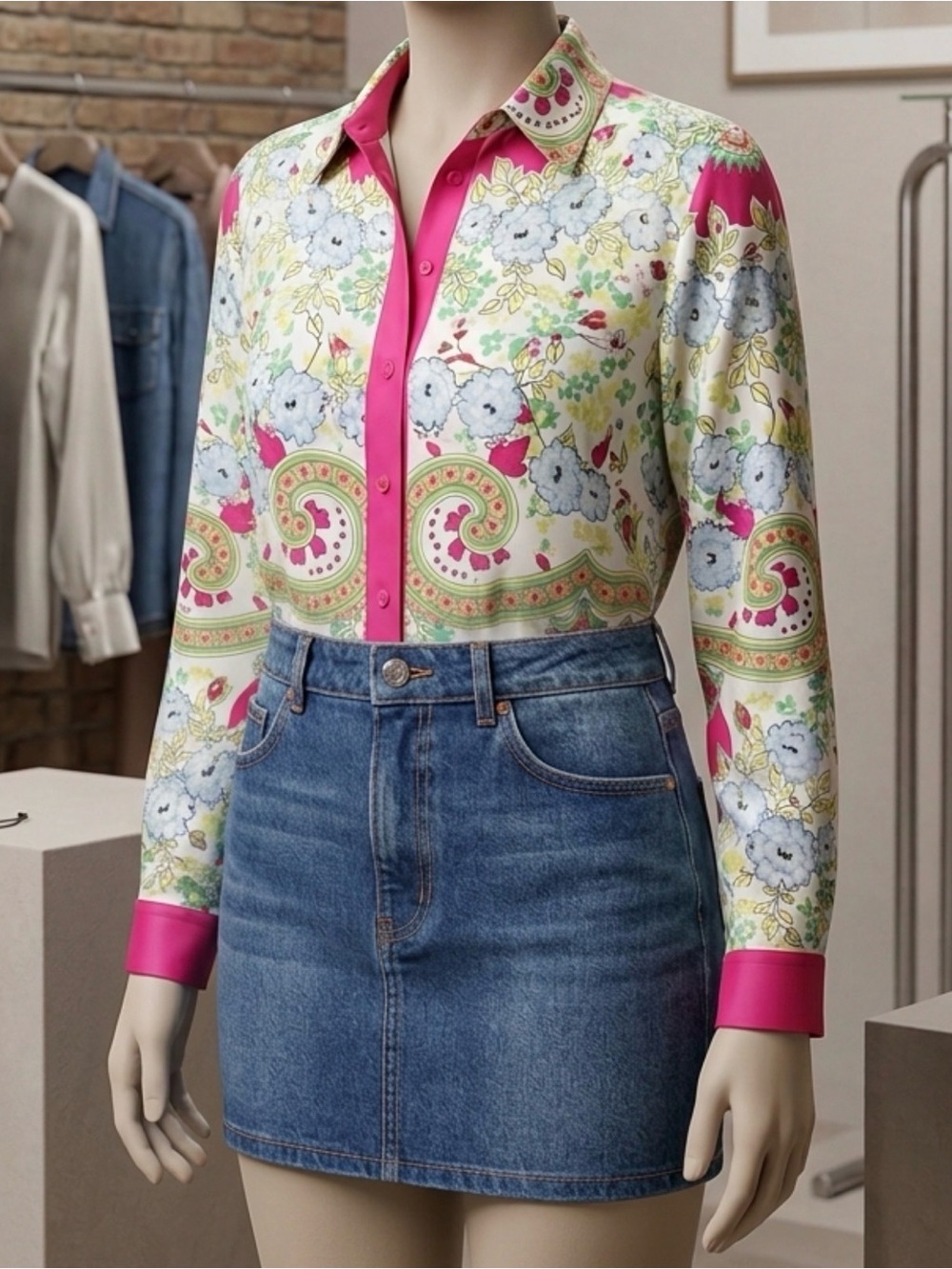 Vibrant Paisley Floral Button-Up Blouse with Hot Pink Trim